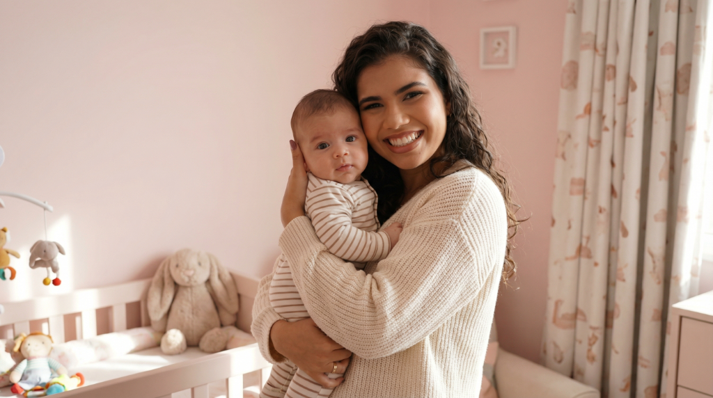 Mãe sorrindo segurando seu bebê no quarto — Souza & Leal Advogados